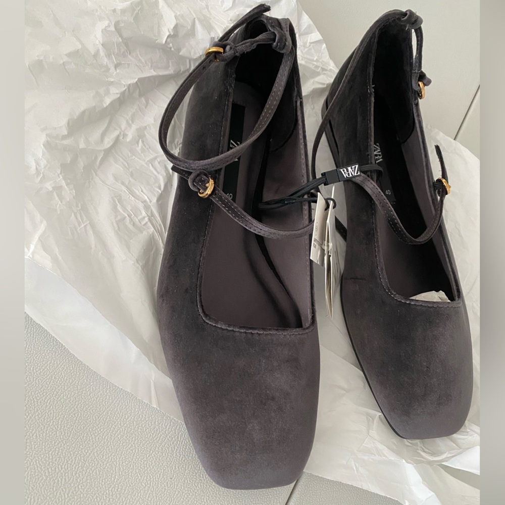 Zara Gray Velvet Ballet Flats shoes Buckle Strap Mary Jane Square size 9 40 NWT - Picture 10 of 12